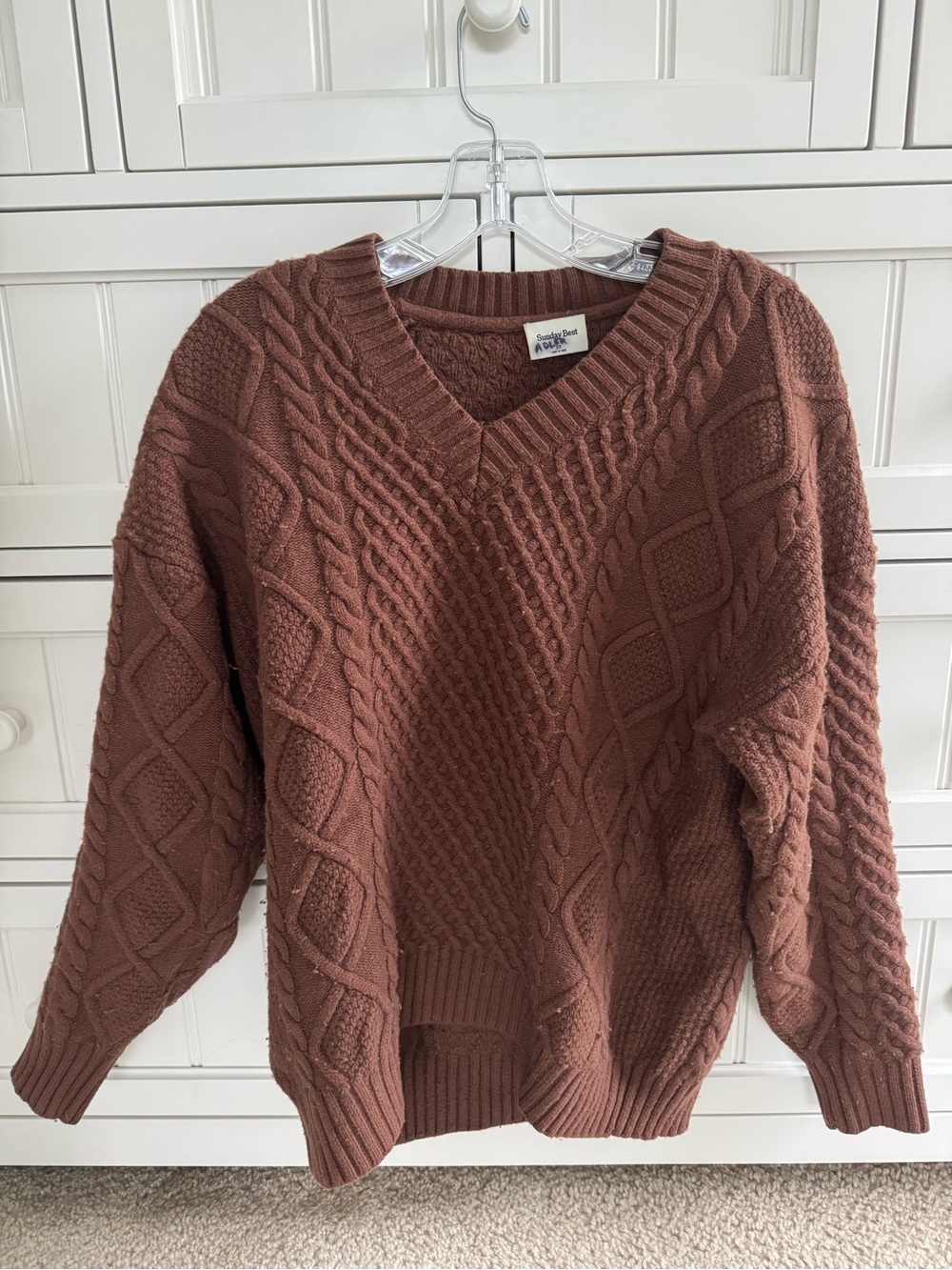 Sunday Best Cable Knit V-Neck Sweater in Rust Brown